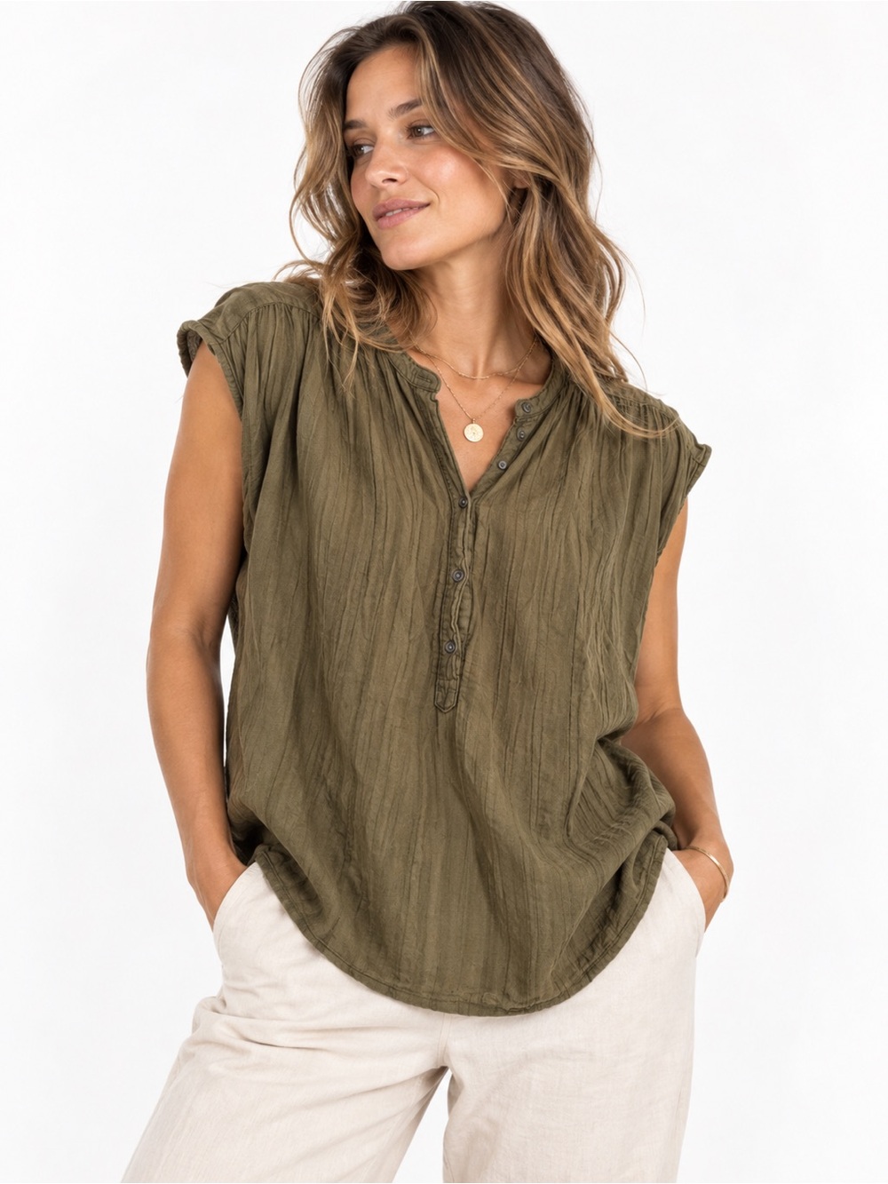 Hartford Cotton popover blouse top sleeveless olive green button gauze mandarin